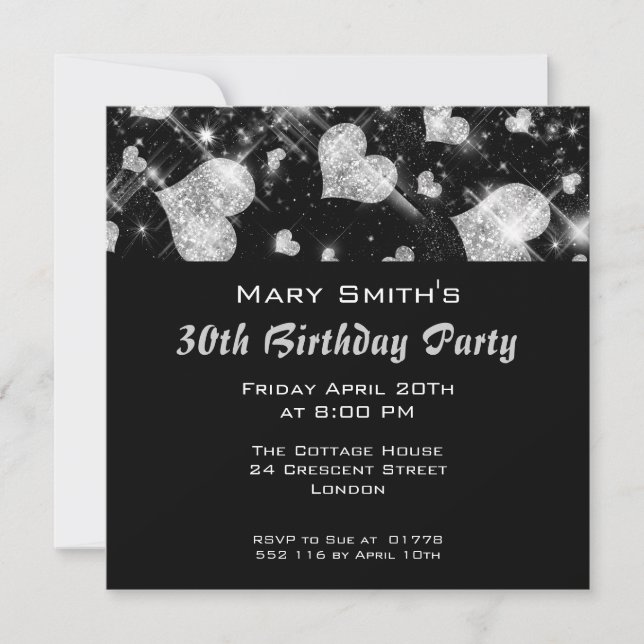 Birthday Party Invitation Silver Glitter Hearts (Front)