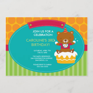 Birthday Party Invitation Teddy Bear and Cake