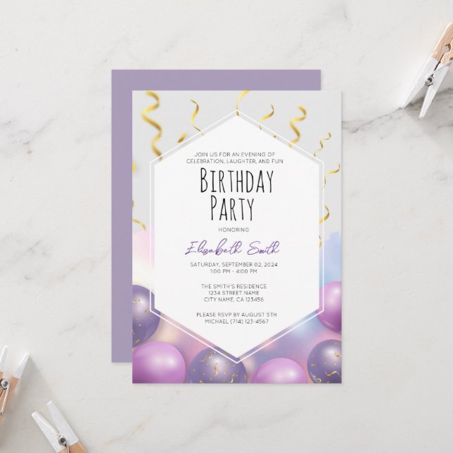 Birthday Party Invitation Template with Balloons  (Front/Back In Situ)
