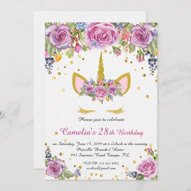 Birthday party invitation, unicorn,white,flowers invitation (Front/Back)