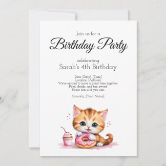 Birthday party invitation, water colour baby cat invitation