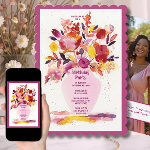 Birthday Party Invitation Watercolor Flowers Vase