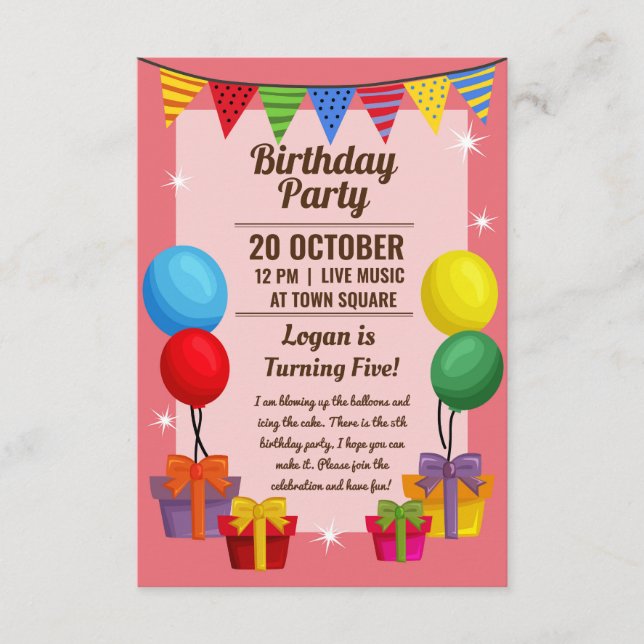Birthday party invitation with ballons and present (Front)