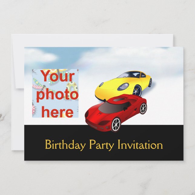 Birthday party invitation with cars add photo (Front)