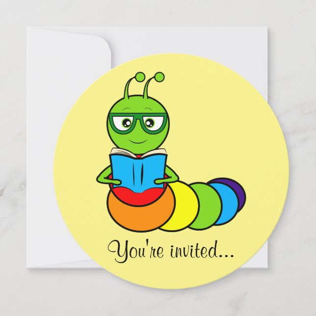 Birthday Party Invitation with Cartoon Bookworm (Front)