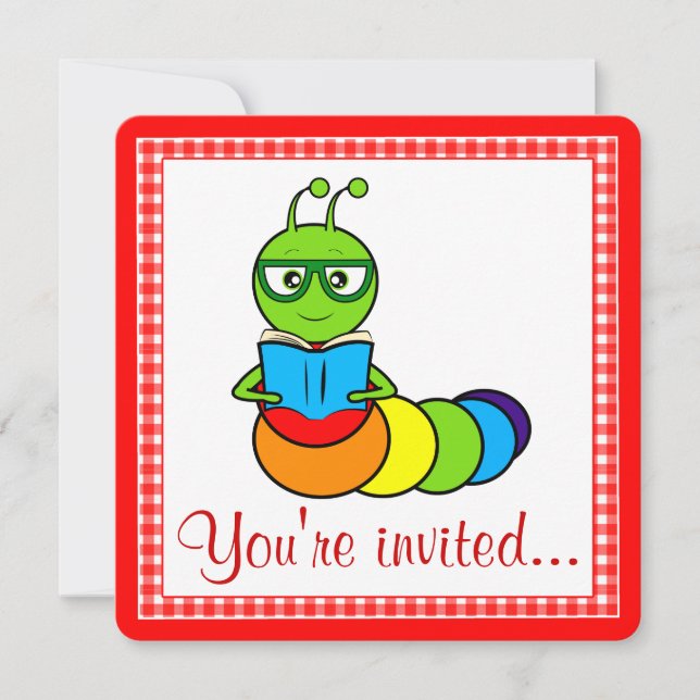 Birthday Party Invitation with Cartoon Bookworm (Front)