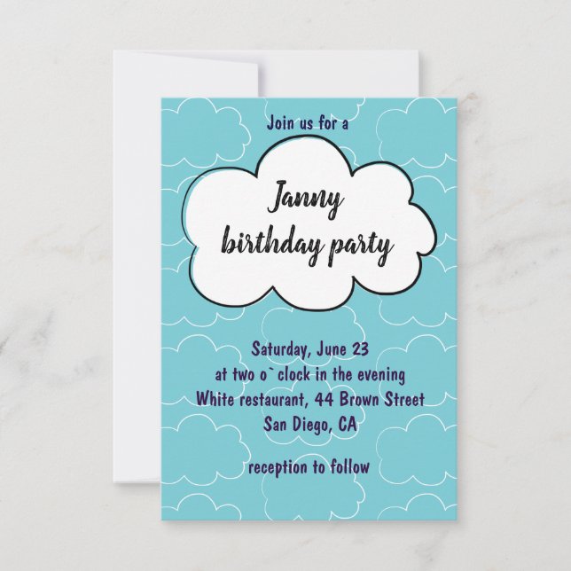 Birthday party invitation with cute clouds (Front)