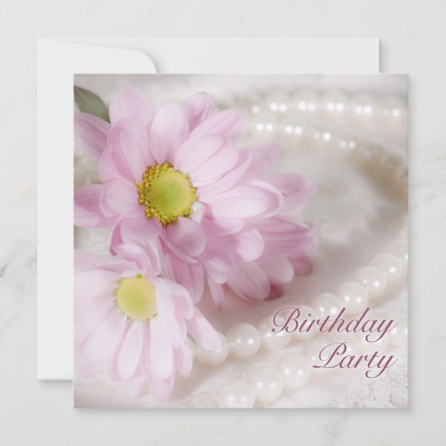 Birthday party invitation with daisies and pearls (Front)