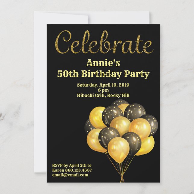 Birthday party invitation with gold balloons (Front)
