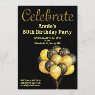 Birthday party invitation with gold balloons