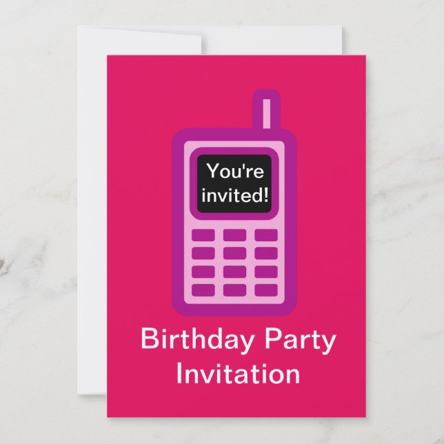 Birthday party invitation with pink cell phone (Front)