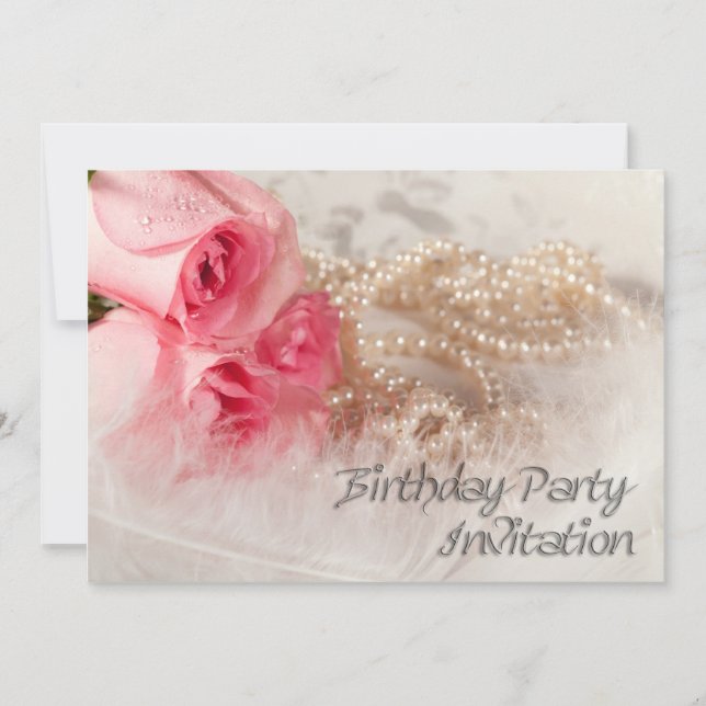 Birthday party invitation with roses and pearls (Front)