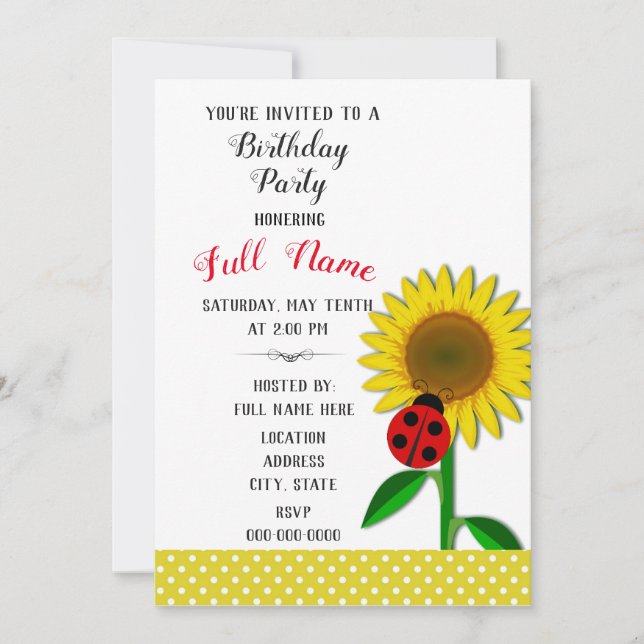 Birthday Party Invitation with Sunflower Design (Front)
