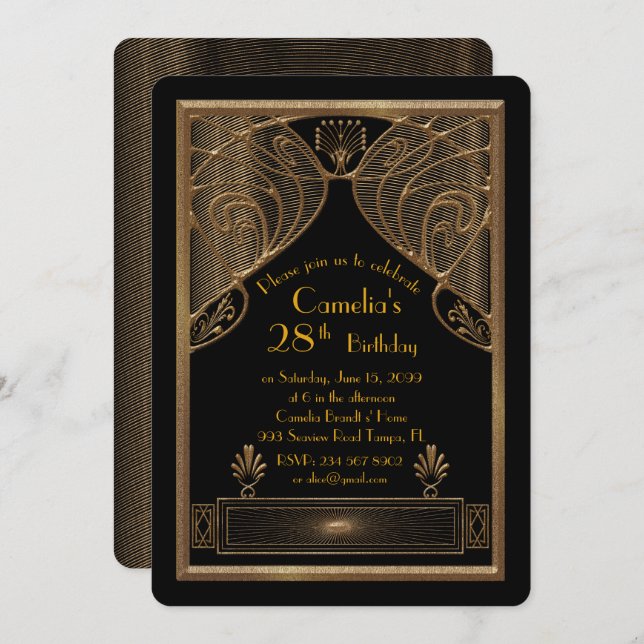 Birthday party invitation woman,great Gatsby,black (Front/Back)