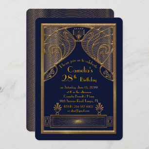 Birthday party invitation woman,great Gatsby, navy