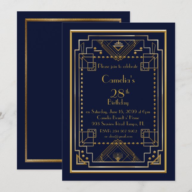 Birthday party invitation woman,great Gatsby,navy (Front/Back)
