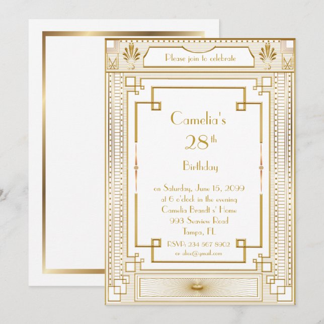 Birthday party invitation woman,great Gatsby,white (Front/Back)