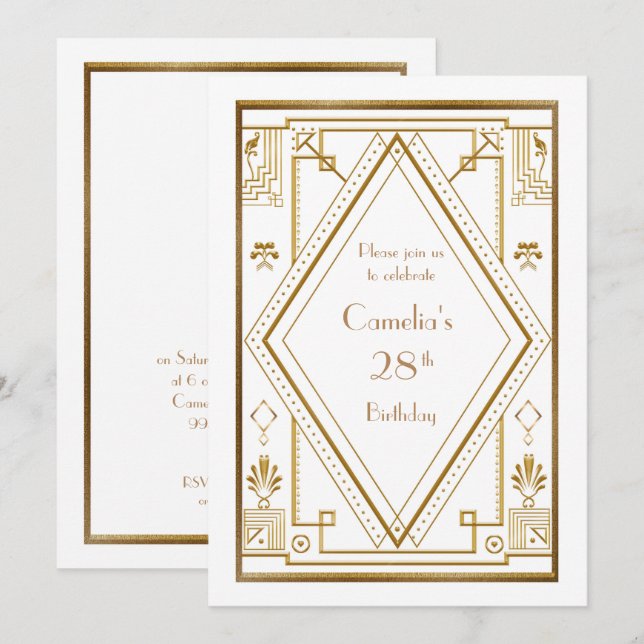 Birthday party invitation woman,great Gatsby,white (Front/Back)