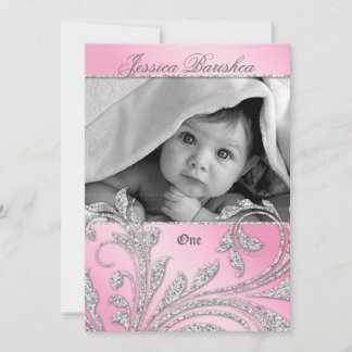 Birthday Party Invite Baby Glitter Leaves Pink