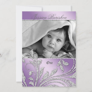 Birthday Party Invite Baby Glitter Leaves Purple