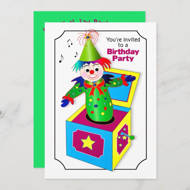 Birthday Party Invite, Child's Jack In the Box Invitation (Front/Back)