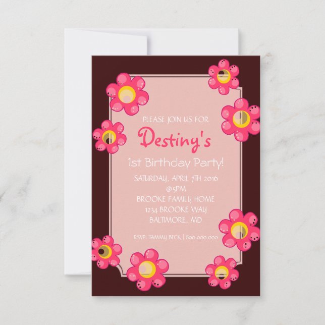Birthday Party Invite | Cute Flower Brown (Front)