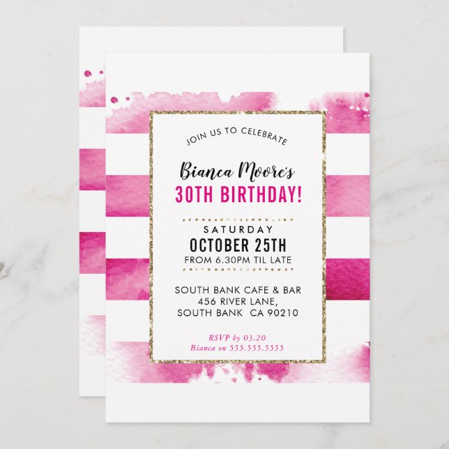 BIRTHDAY PARTY INVITE gold pink watercolor stripe (Front/Back)