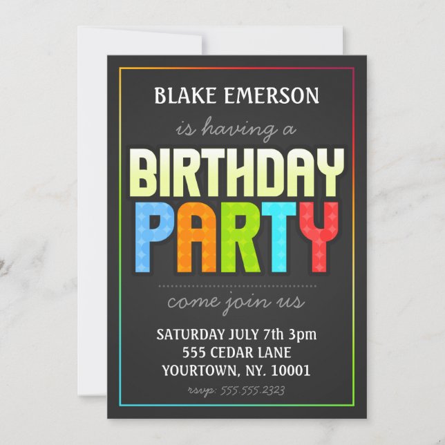 Birthday Party Invite - grey with colour elements (Front)