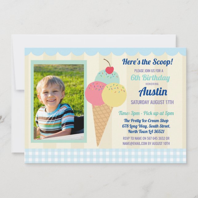 Birthday Party Invite Ice Cream Boy's Photo Blue (Front)