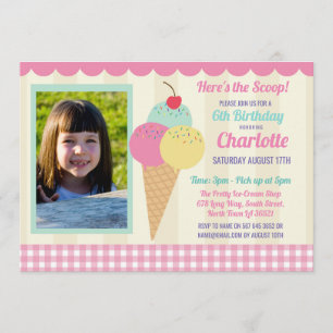 Birthday Party Invite Ice Cream Photo Pink Parlor