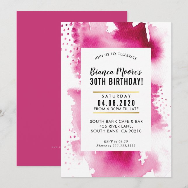 BIRTHDAY PARTY INVITE modern watercolor bold pink (Front/Back)