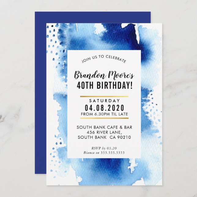 BIRTHDAY PARTY INVITE modern watercolor cool blue (Front/Back)