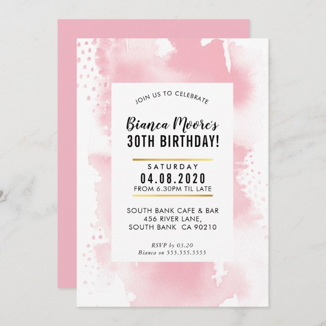 BIRTHDAY PARTY INVITE modern watercolor pale pink (Front/Back)