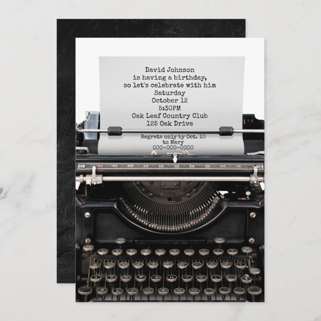 Birthday Party Invite On Old Typewriter (Front/Back)