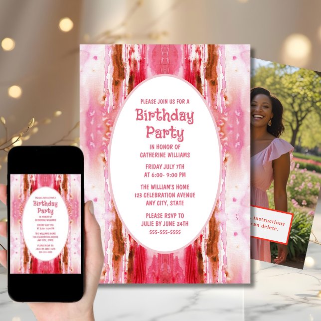Birthday Party Invite Pink Watercolor For Her (Creator Uploaded)