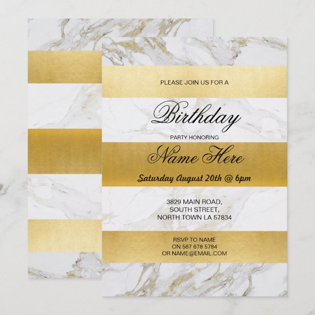 Birthday Party Invite Stripe White Marble Gold 20s (Front/Back)