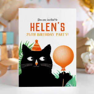 Birthday party invite with black cat and balloon