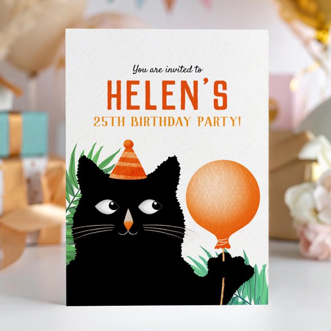 Birthday party invite with black cat and balloon (Creator Uploaded)