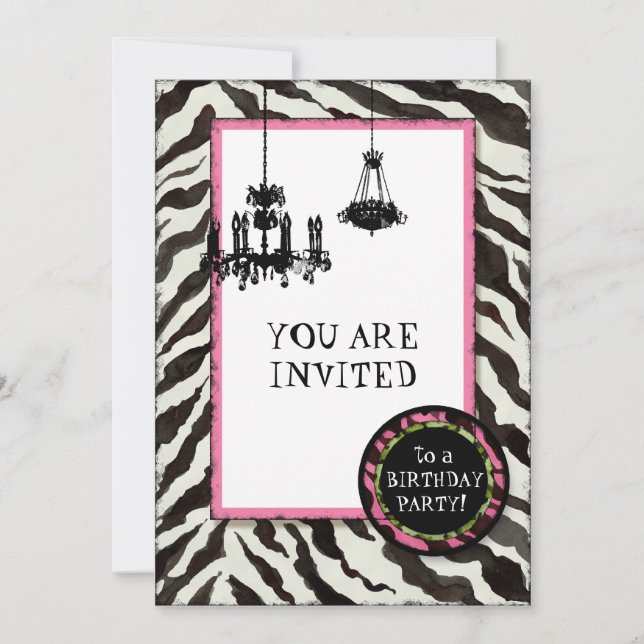 Birthday Party Invite Zebra, Leopard 'n Chandelier (Front)