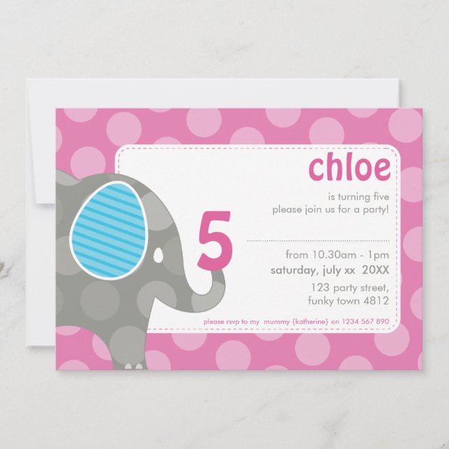 BIRTHDAY PARTY INVITES :: elephant + number 5L (Front)