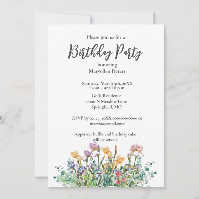 Birthday Party Irises and Greenery Invitation (Front)