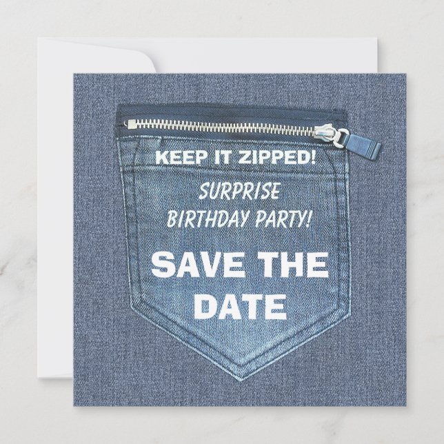 Birthday Party Keep It Zipped Denim Save The Date (Front)