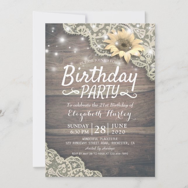 Birthday Party Lace Sunflower Wood & String Lights Invitation (Front)