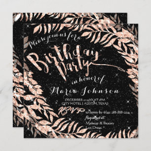 Birthday Party Leaf Wreath Glitter Black Rose Gold Invitation