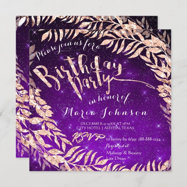 Birthday Party Leaf Wreath Purple Star Rose Gold Invitation (Front/Back)