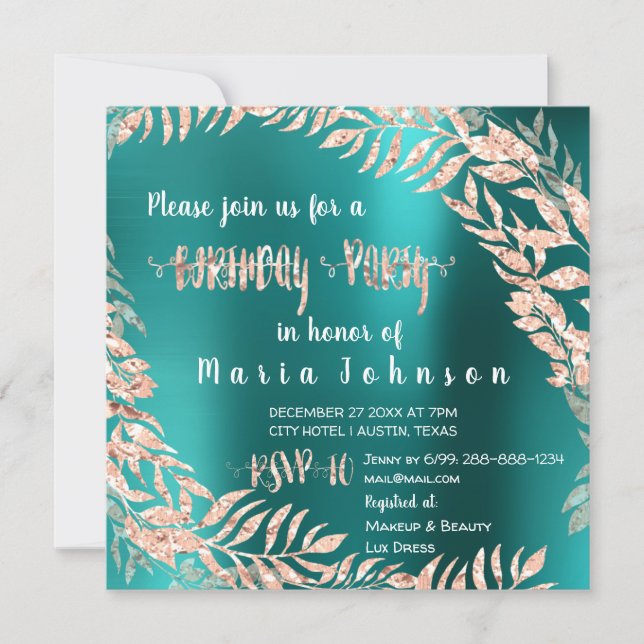 Birthday Party Leafs Wrath Glitter Rose Gold Teal Invitation (Front)