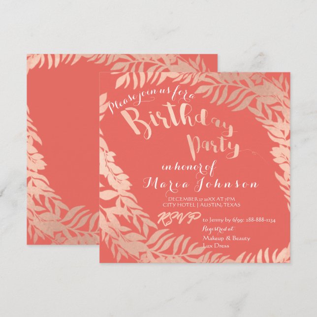 Birthday Party Leafs Wrath Pink Rose Gold Coral Invitation (Front/Back)
