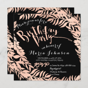 Birthday Party  Leafs Wreath Black Rose Gold Invitation