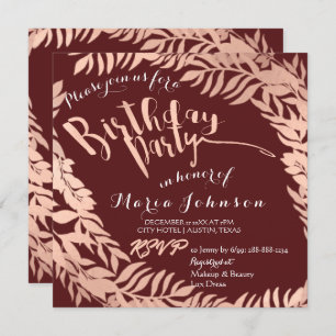 Birthday Party Leafs Wreath Burgundy Rose Gold Invitation
