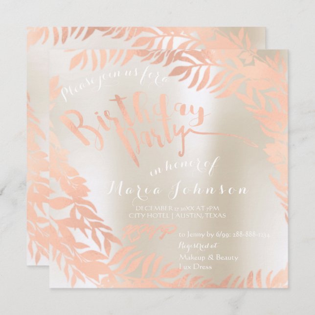 Birthday Party  Leafs Wreath Ivory Pearl Rose Gold Invitation (Front/Back)
